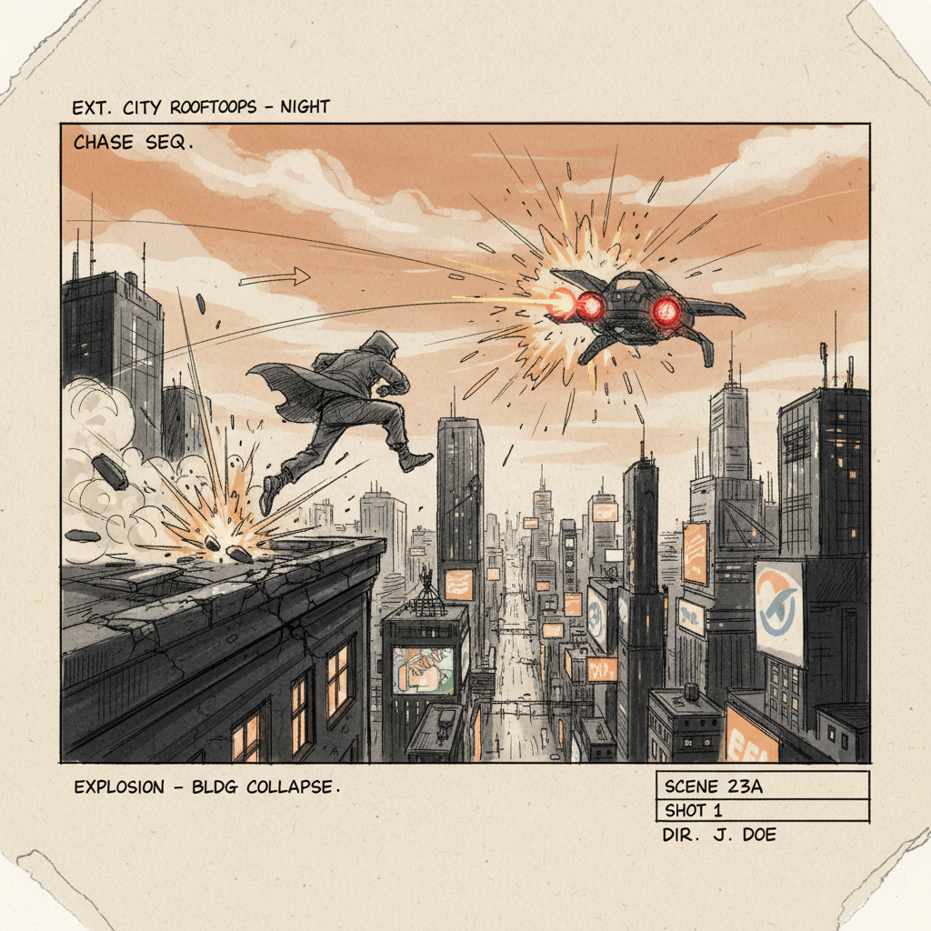 AI video editing software — pre-production storyboard frame illustration with hand-drawn cinematic shot composition, sketch style, action sequence layout, professional film production aesthetic