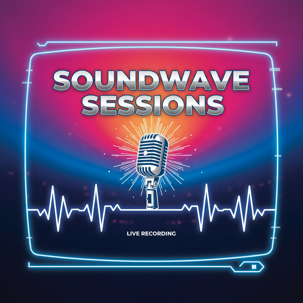 AI video editing software — video podcast cover art with bold typography, vibrant gradient background, microphone illustration, modern broadcast aesthetic, audio waveform graphic elements
