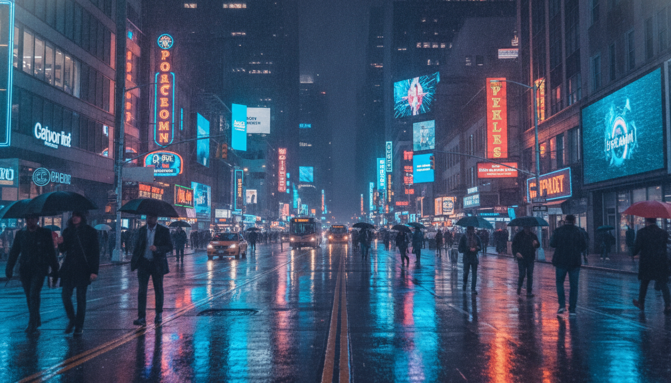 AI video enhancement tool result showing a crisp high-resolution neon city street frame at night