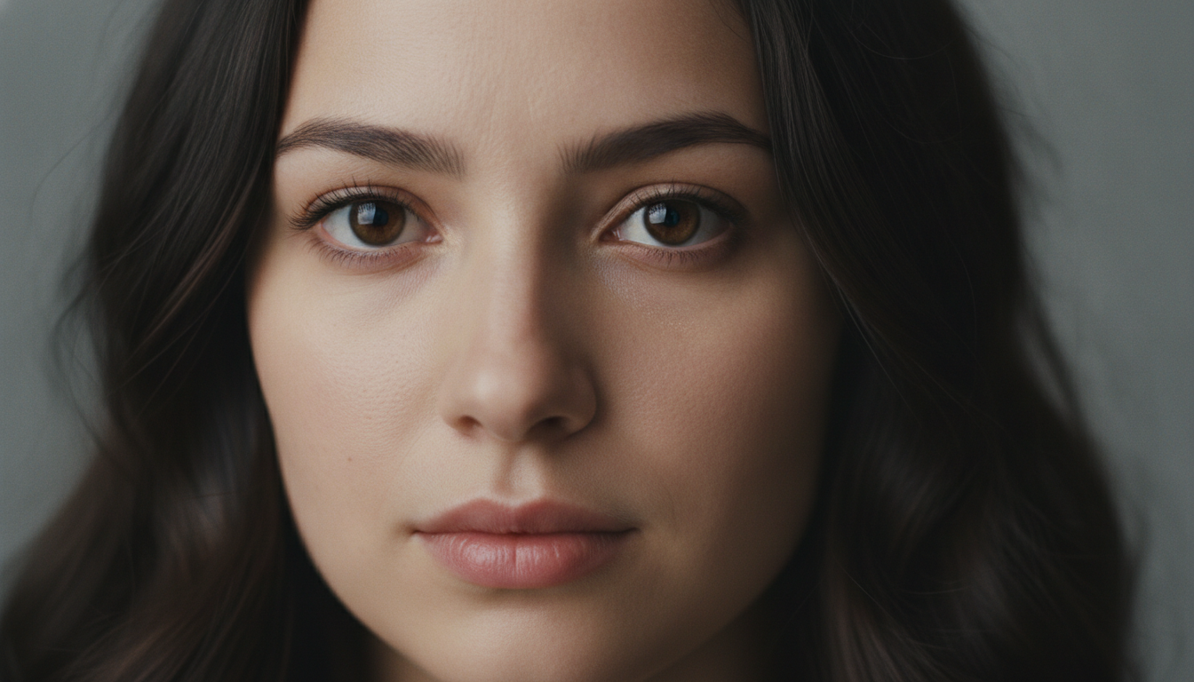 AI video enhancement tool result showing a sharp detailed portrait frame with natural skin texture in studio lighting