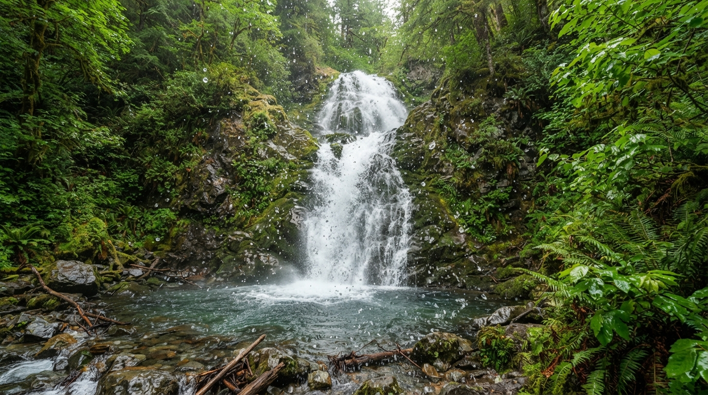 AI video enhancement tool result showing a high-clarity waterfall nature footage frame in a lush green forest