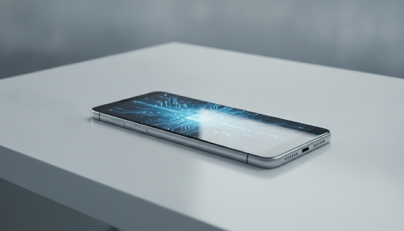 AI video enhancement tool result showing a clean high-resolution product frame of a sleek smartphone with crisp reflections