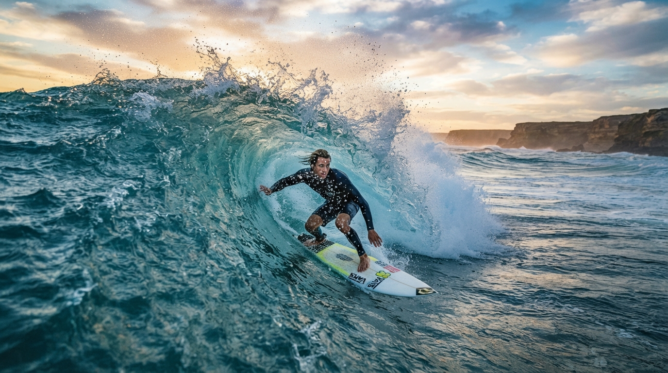 AI video enhancement tool result showing a vivid cinematic 4K action frame of a surfer riding a large ocean wave