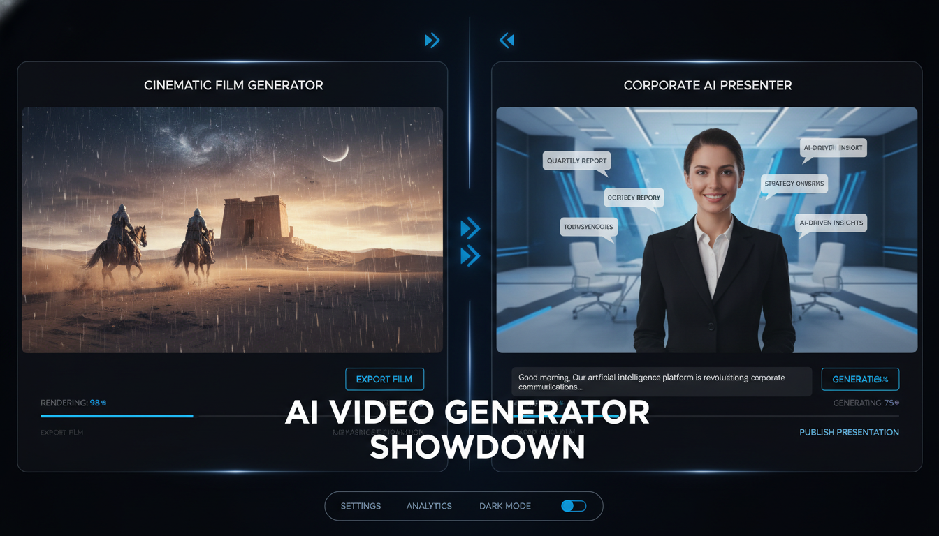 AI video generator vs DeepBrain side-by-side comparison of cinematic video and avatar presenter