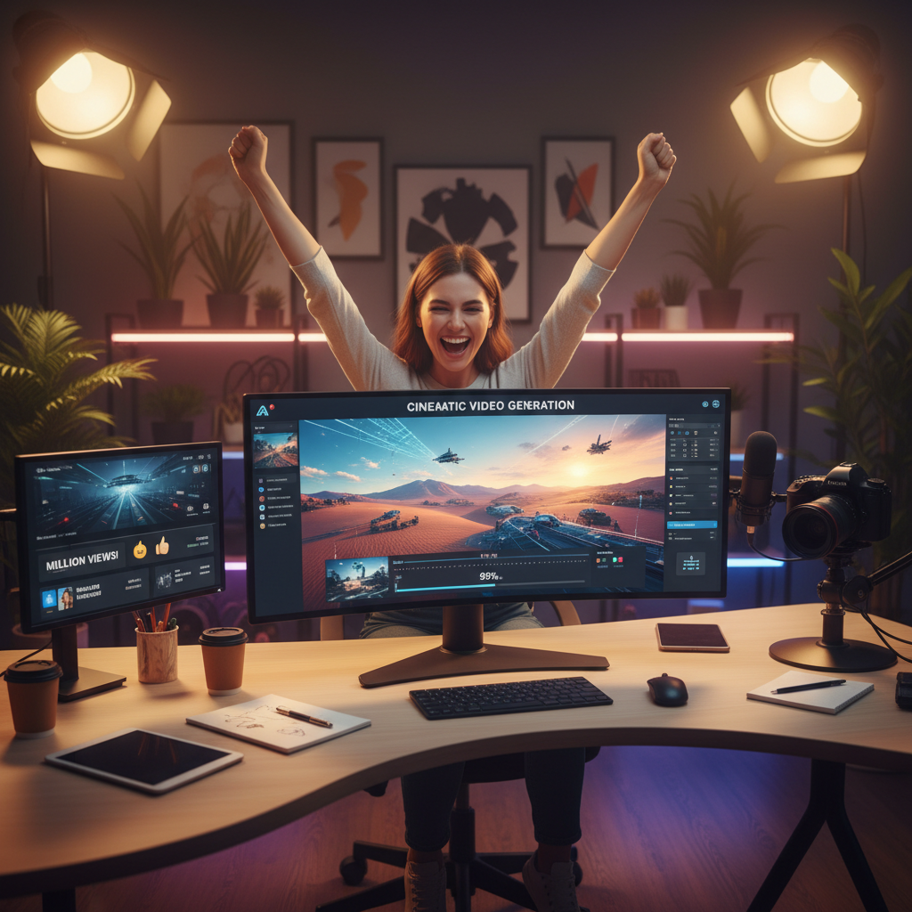 Content creator generating a cinematic AI video on a large monitor