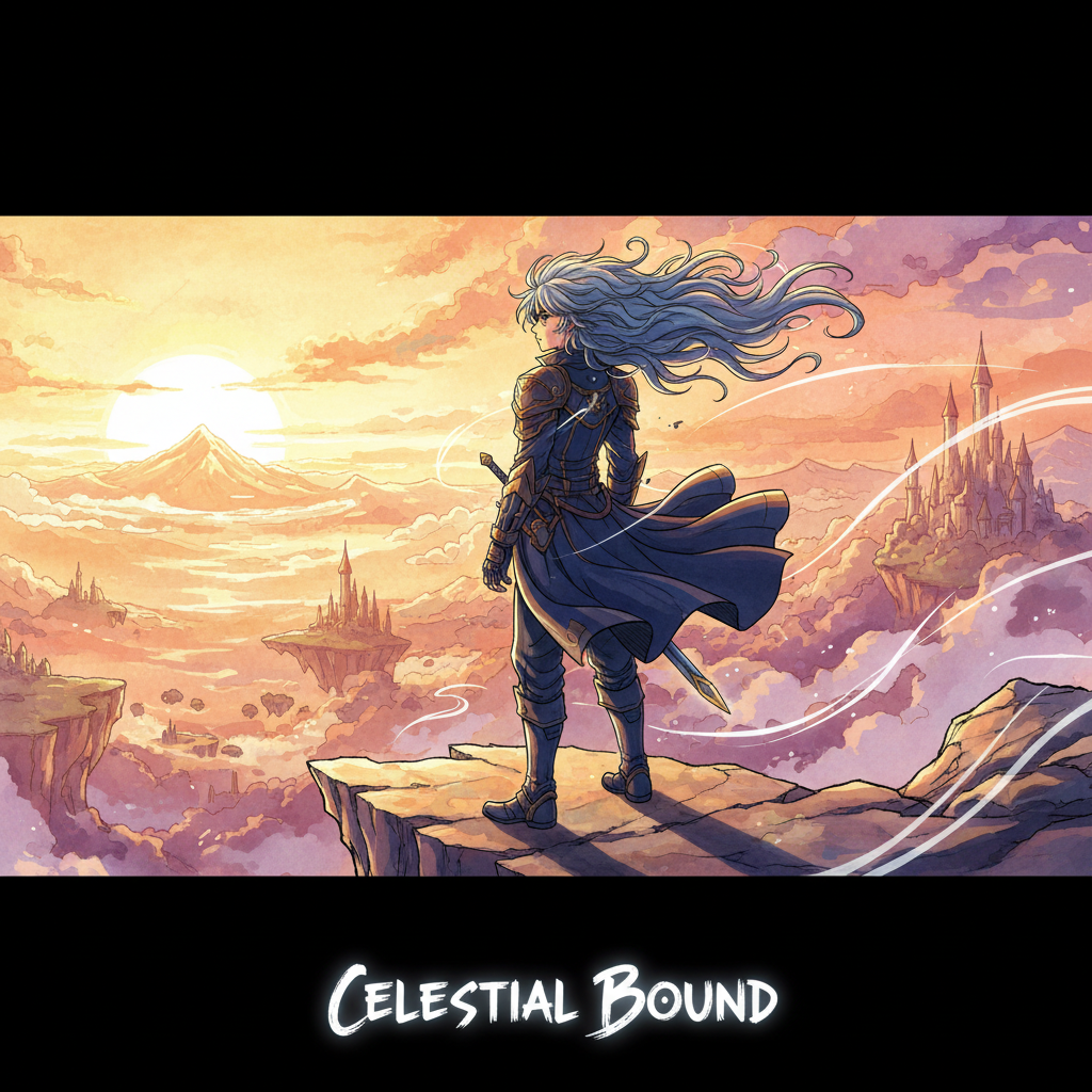 AI video vs traditional animation — anime-style hero character with windblown hair on cliff at sunset, painterly background, AI-generated key art