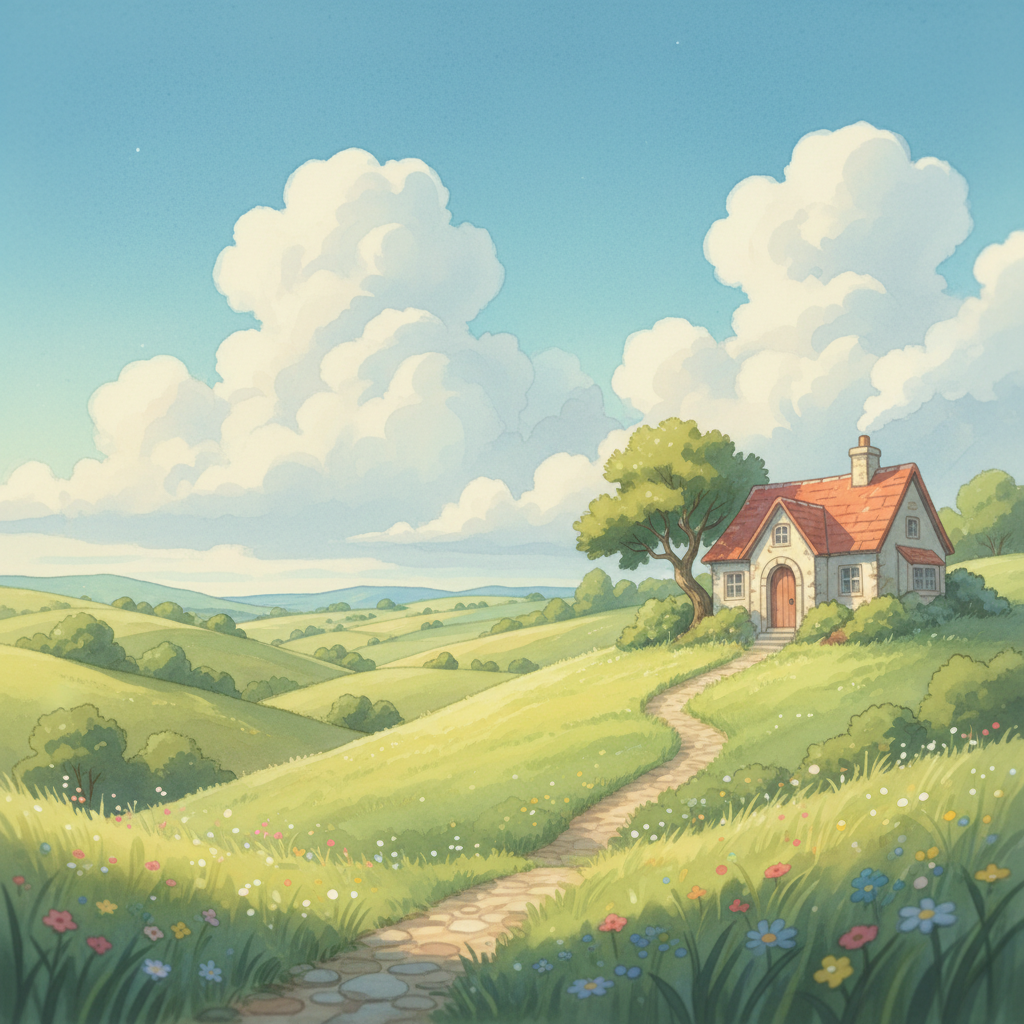 AI video vs traditional animation — Studio Ghibli inspired countryside landscape with red-roof cottage and rolling hills, hand-painted watercolor look