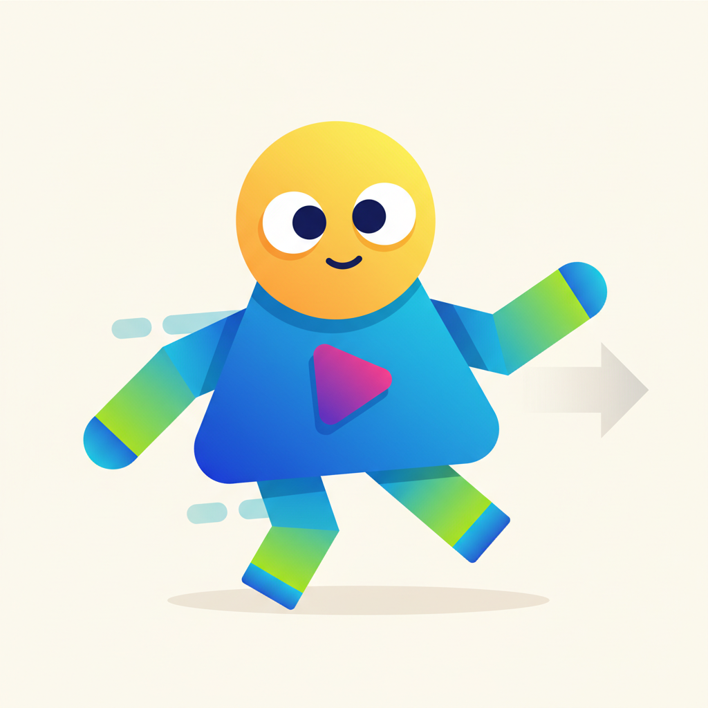 AI video vs traditional animation — modern flat 2D motion-graphics character with bold geometric shapes and gradient colors, explainer video style