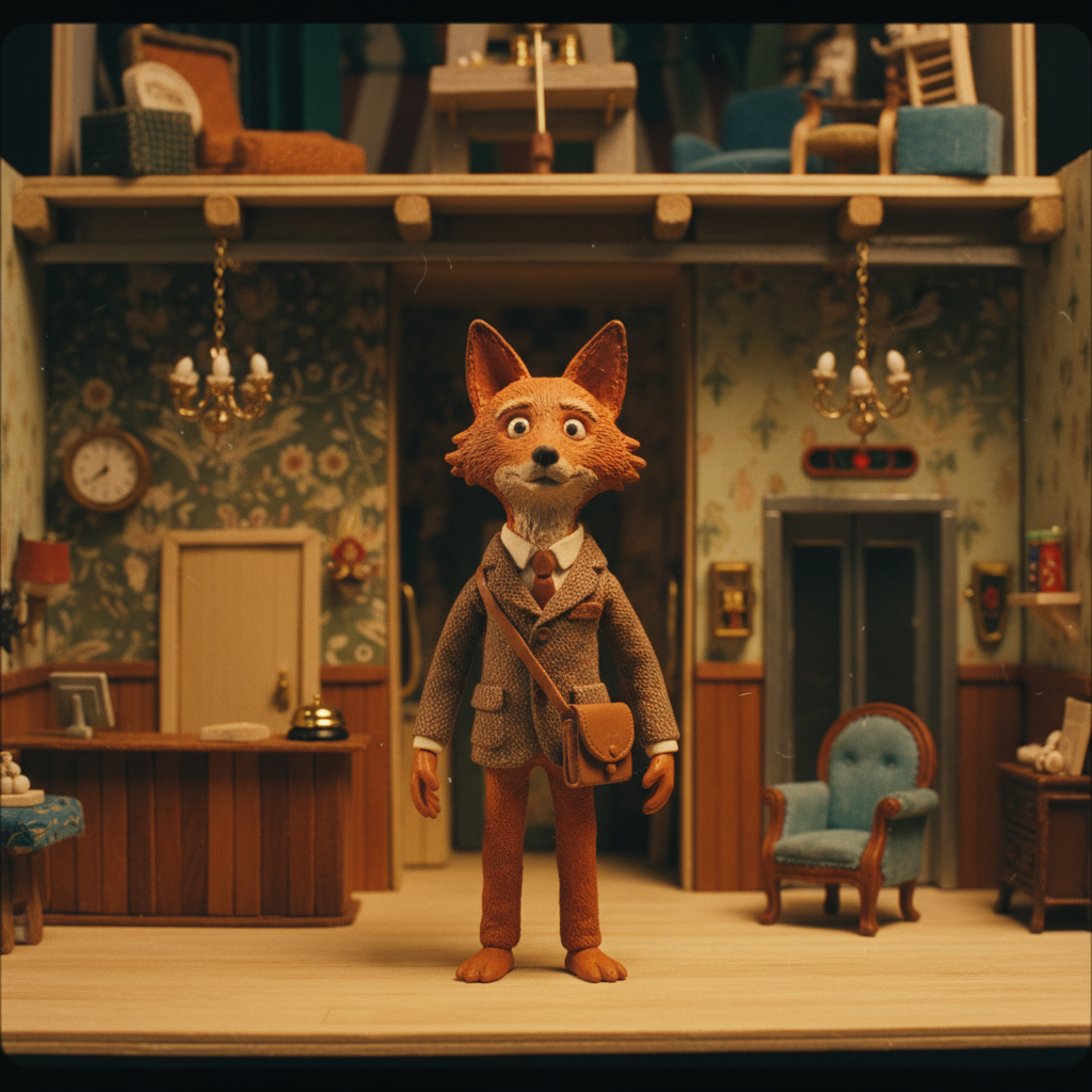 AI video vs traditional animation — stop-motion clay animation figure in miniature set with warm tungsten lighting, Wes Anderson craft animation aesthetic