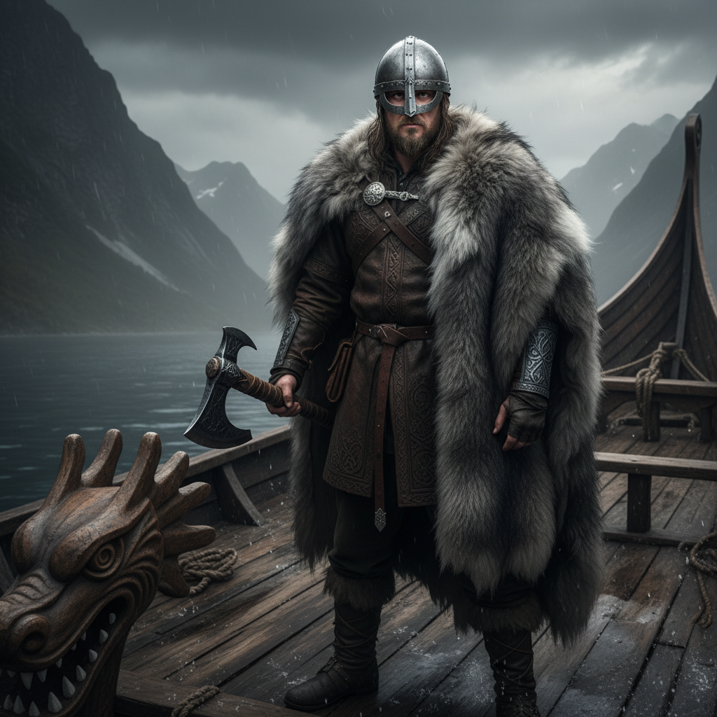 AI Viking generator result showing a person turned into a classic Norse Viking warrior with braided hair and beard, fur-lined chainmail tunic and round shield in a misty Nordic fjord, real face preserved