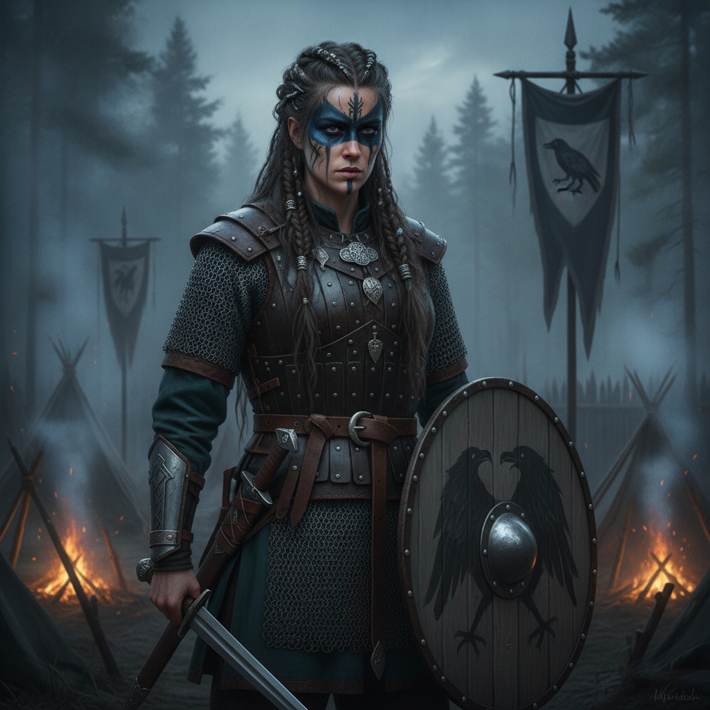 AI Viking generator result showing a person as a fierce Viking shieldmaiden with braided hair, war paint, leather and fur armor, a round shield and axe on a windswept Nordic cliff, real face kept recognizable