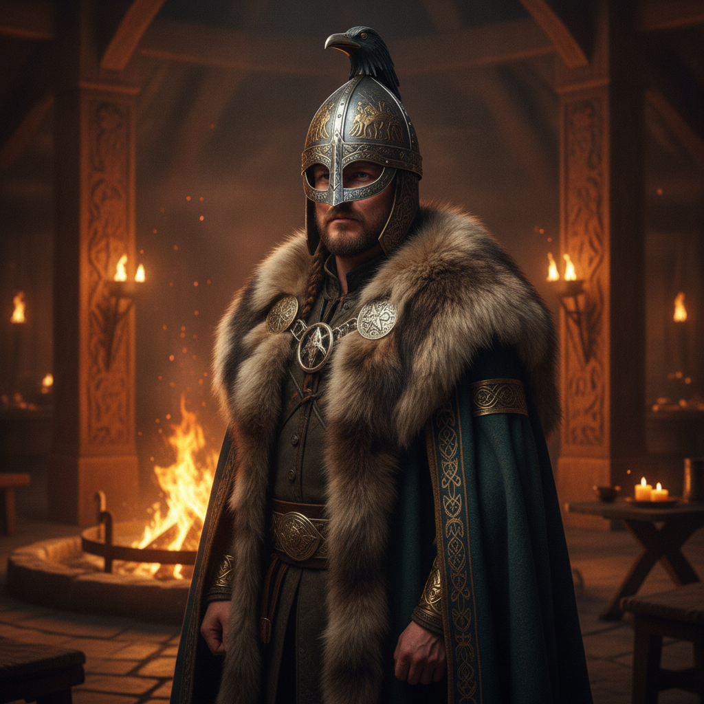 AI Viking generator result showing a person as a cute anime-style Viking with big eyes, a little fur-trimmed helmet, braided hair and a tiny round shield in a cozy stylized Viking village, real facial features recognizable