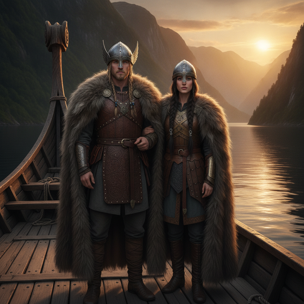 AI Viking generator result showing a couple turned into two matching Vikings in fur and chainmail with braided hair holding round shields on a wooden longship at sunset, both real faces preserved