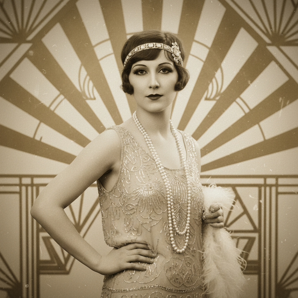 AI vintage image generator hero — 1920s flapper portrait with art deco styling, sepia tones, soft film grain, faded edges, classic Hollywood glamour aesthetic