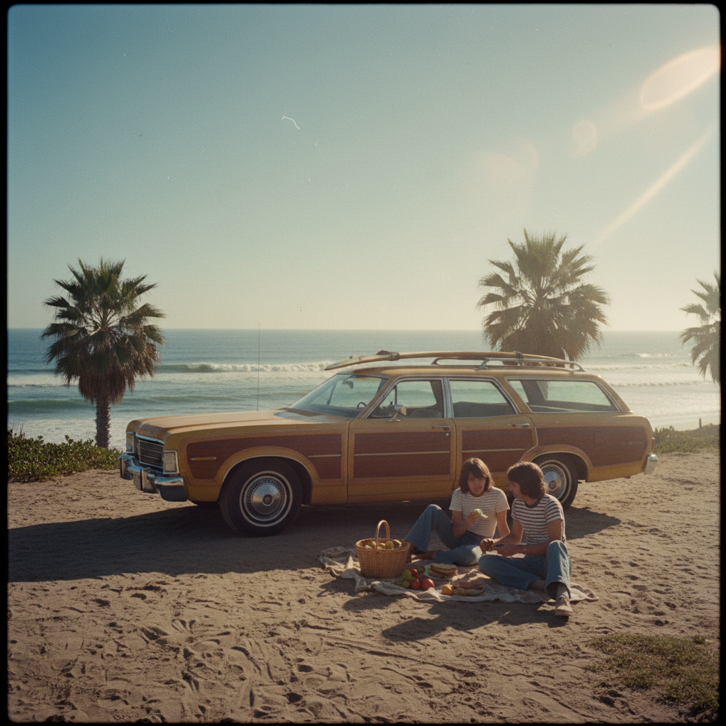 AI vintage image generator landscape — retro 1970s California beach scene with vintage station wagon, faded sun-bleached colors, kodachrome film aesthetic, warm lens flare