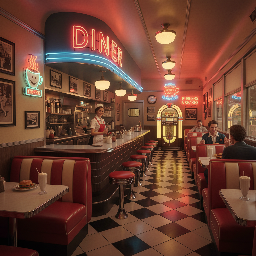 AI vintage image generator interior — old-fashioned 1950s American diner with checkered floor, neon signs, jukebox, warm nostalgic Americana style