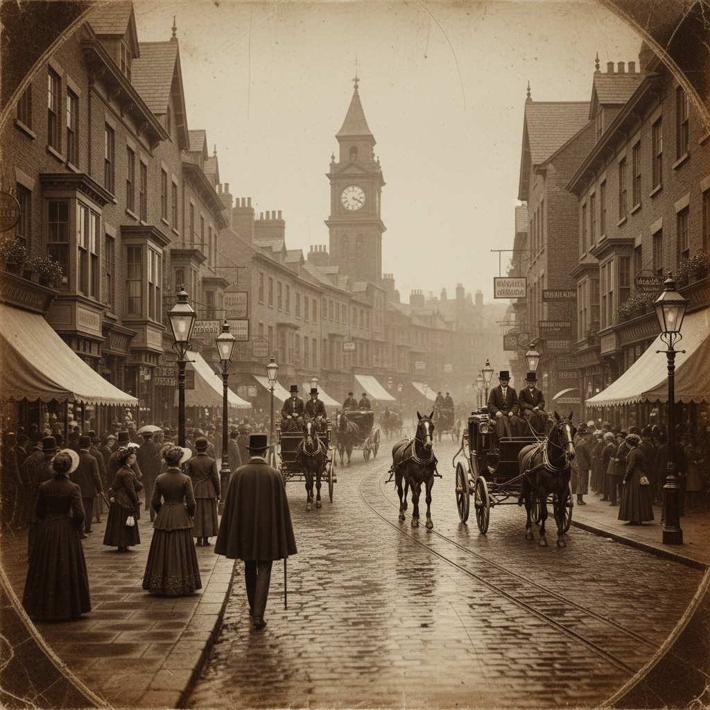 AI vintage image generator street scene — Victorian-era cobblestone road with gas lamps, horse carriages, sepia toned antique photograph aesthetic