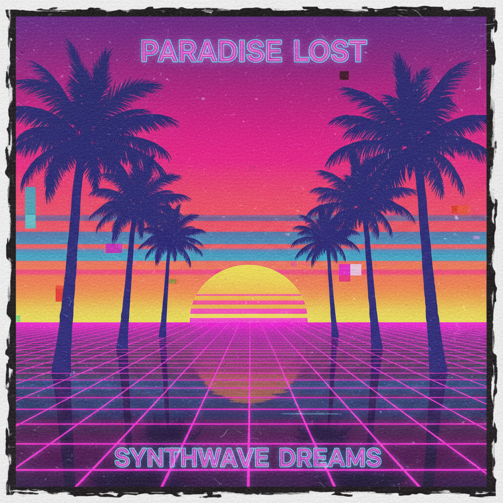 AI vintage image generator vaporwave — retro 1980s aesthetic with palm trees, sunset gradient, geometric grid, neon pink and purple colors, vintage VHS look