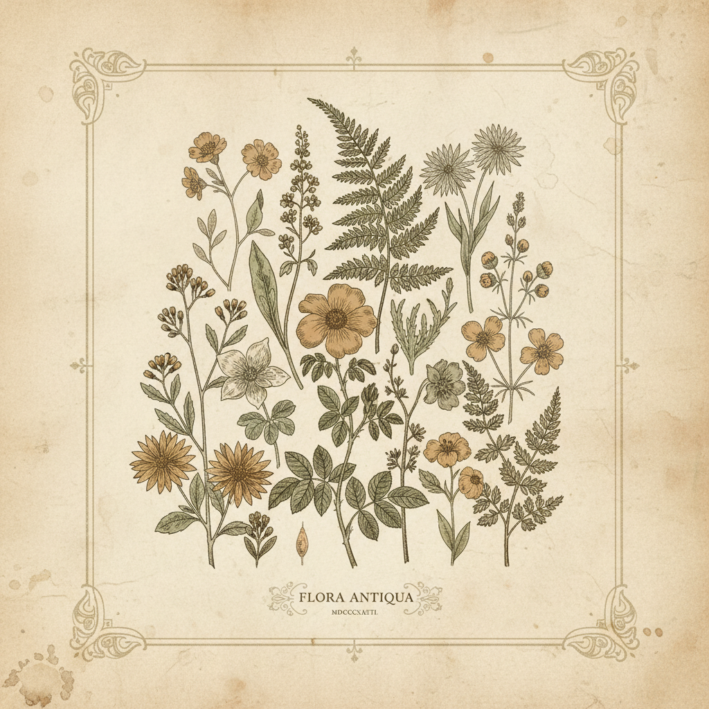 AI vintage image generator botanical — classic vintage botanical illustration with old paper texture, hand-drawn flowers, antique book aesthetic, muted earth tones