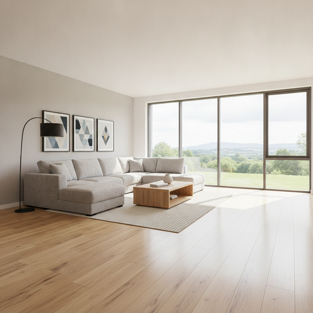 AI virtual staging result: an empty modern living room with hardwood floors furnished with a light grey sectional sofa, oak coffee table, woven rug and framed wall art in bright daylight