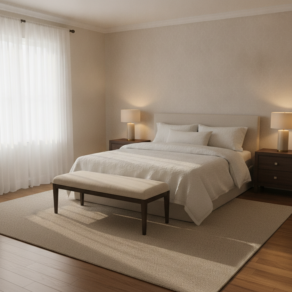Bedroom staged with AI virtual staging: a queen bed in white linen with two nightstands, warm lamps, an upholstered bench and sheer curtains in soft morning light