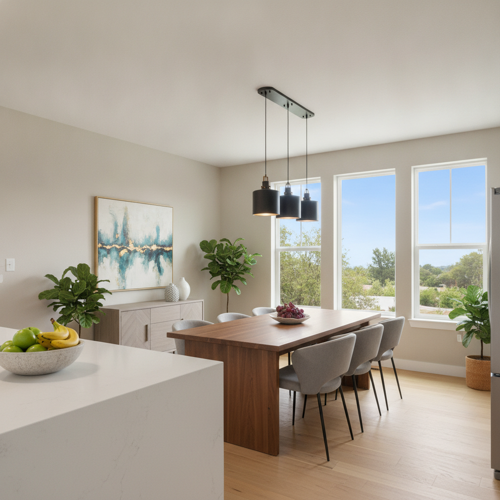 Open-plan kitchen and dining area staged by AI: a walnut dining table with six modern chairs, pendant lighting and styled countertops in a bright listing photo