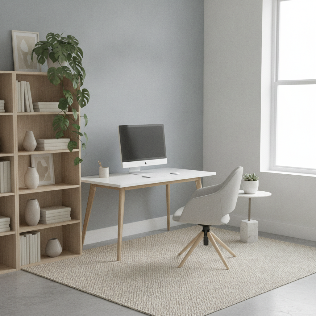 Spare room turned into a Scandinavian home office with AI virtual staging: a white desk, ergonomic chair, bookshelf and monstera plant in clean natural light