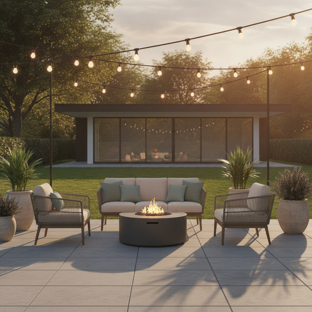 Bare patio staged with AI: modern rattan outdoor furniture, cushions, a fire pit table, string lights and planters photographed at golden hour