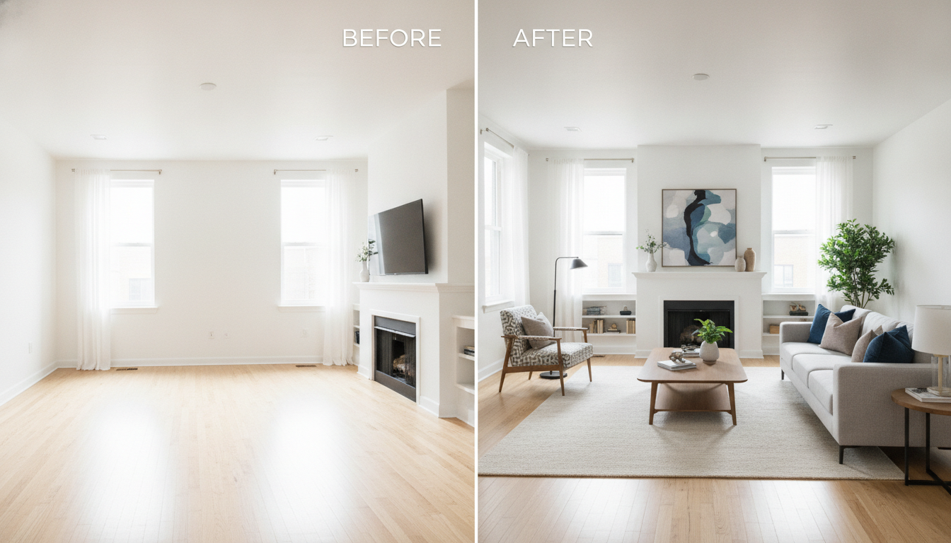 Before and after AI virtual staging: an empty apartment living room on the left and the same room furnished with contemporary furniture on the right