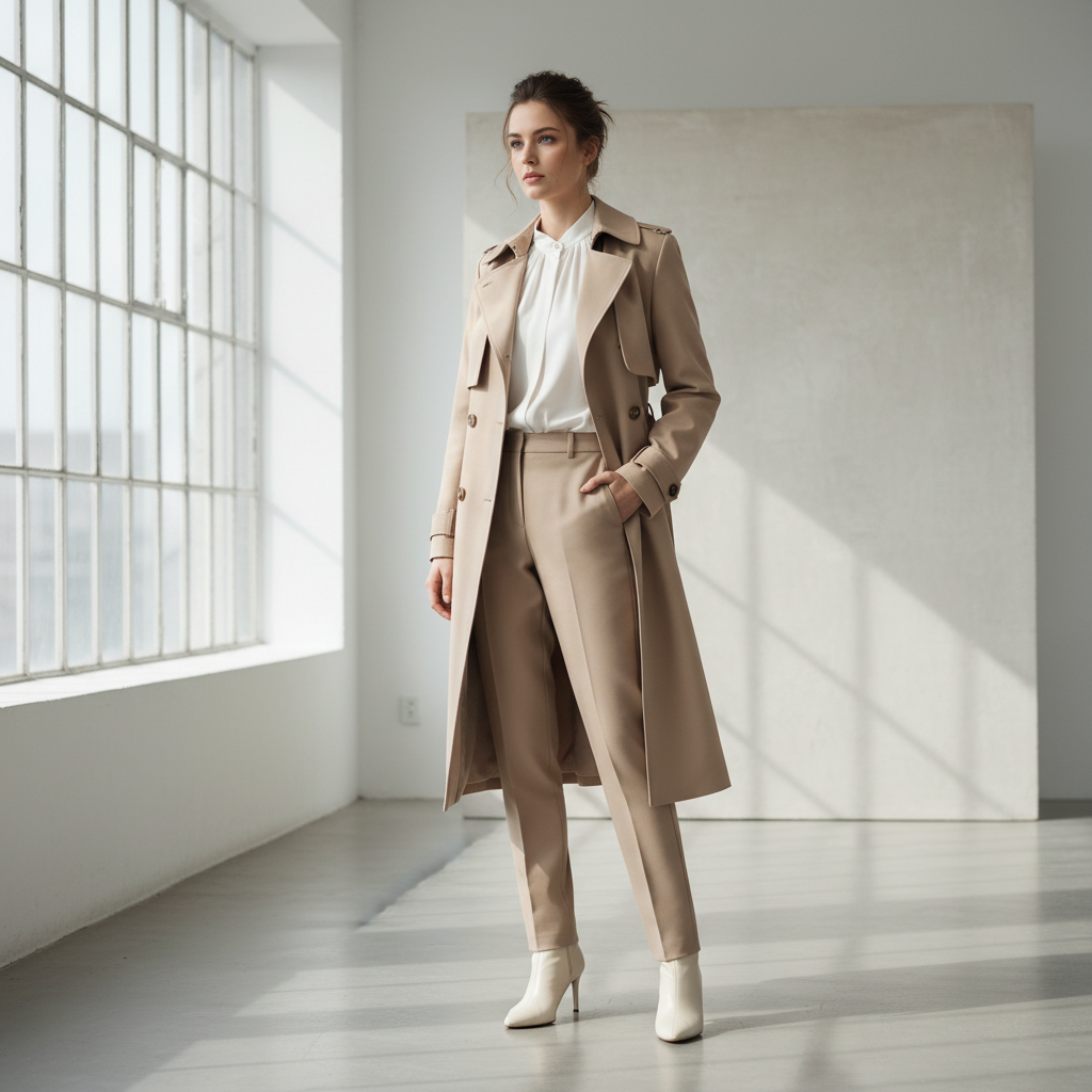 AI virtual try-on result showing a woman wearing an elegant tailored beige trench coat over a white blouse in a bright fashion studio