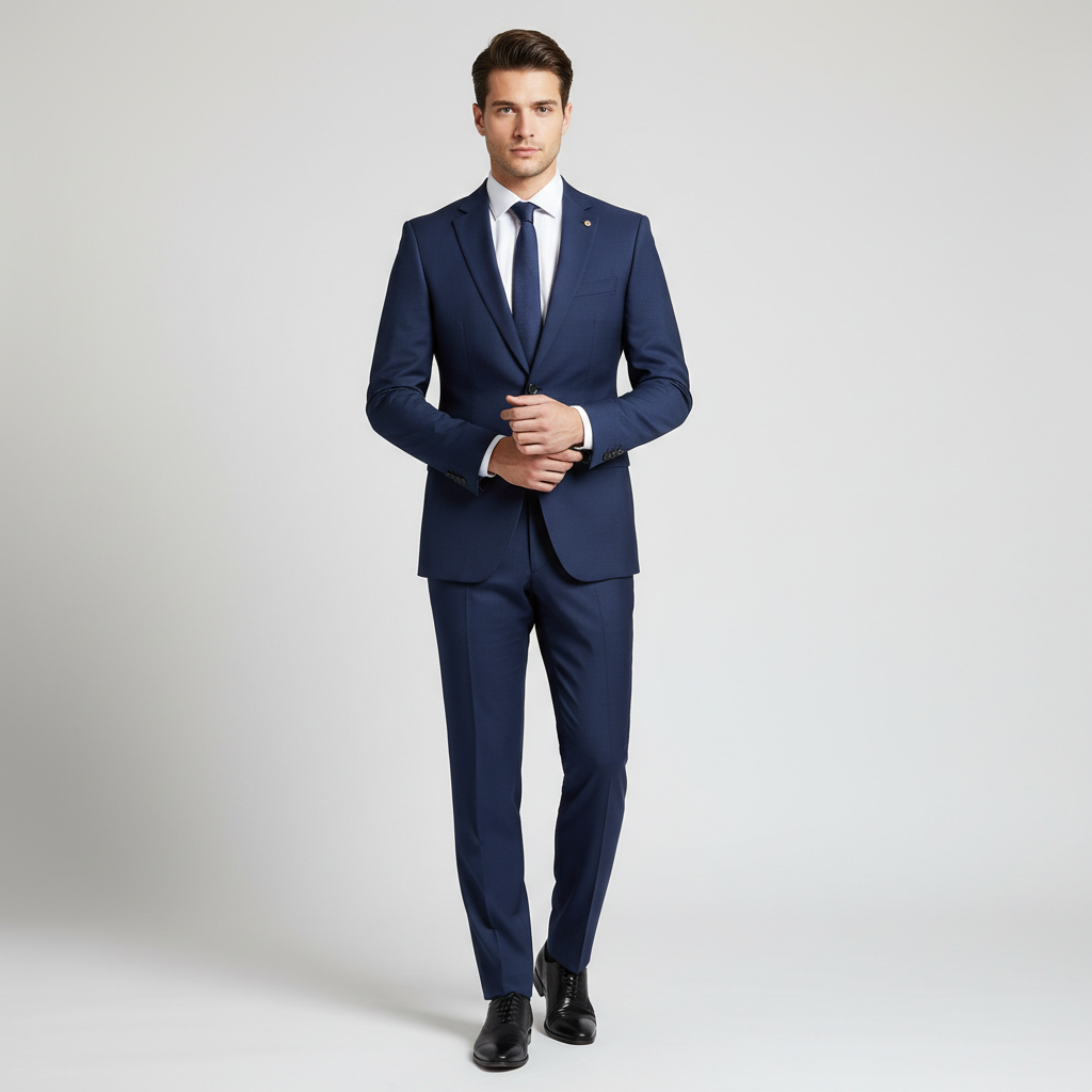 AI virtual try-on of a man wearing a fitted navy blue business suit with a crisp white shirt on a clean studio background