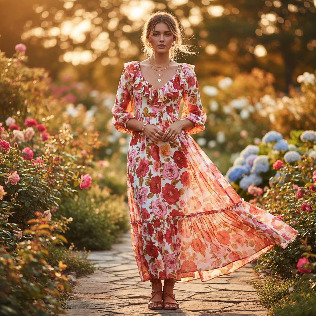 AI virtual try-on showing a woman wearing a flowing floral summer dress outdoors in golden hour lighting
