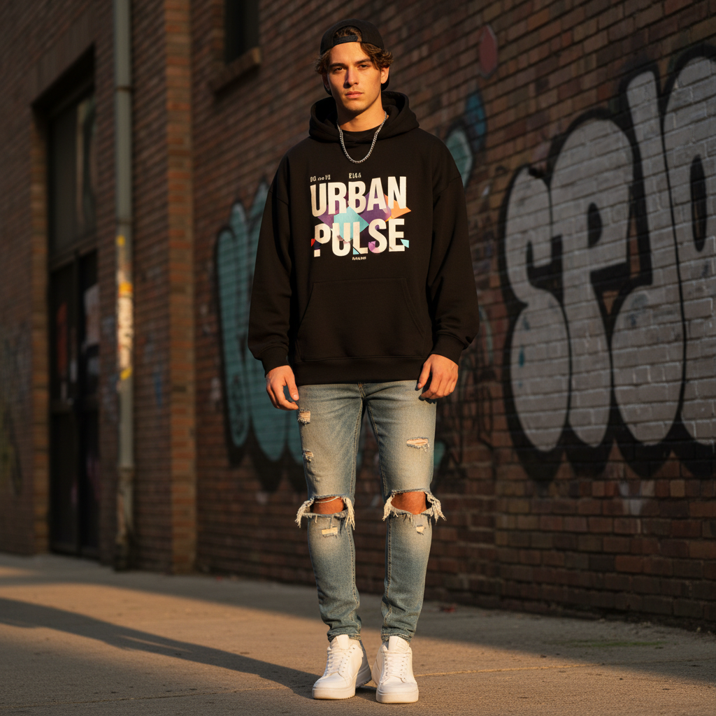 AI virtual try-on of a man wearing an oversized graphic hoodie, ripped jeans and white sneakers in an urban streetwear setting