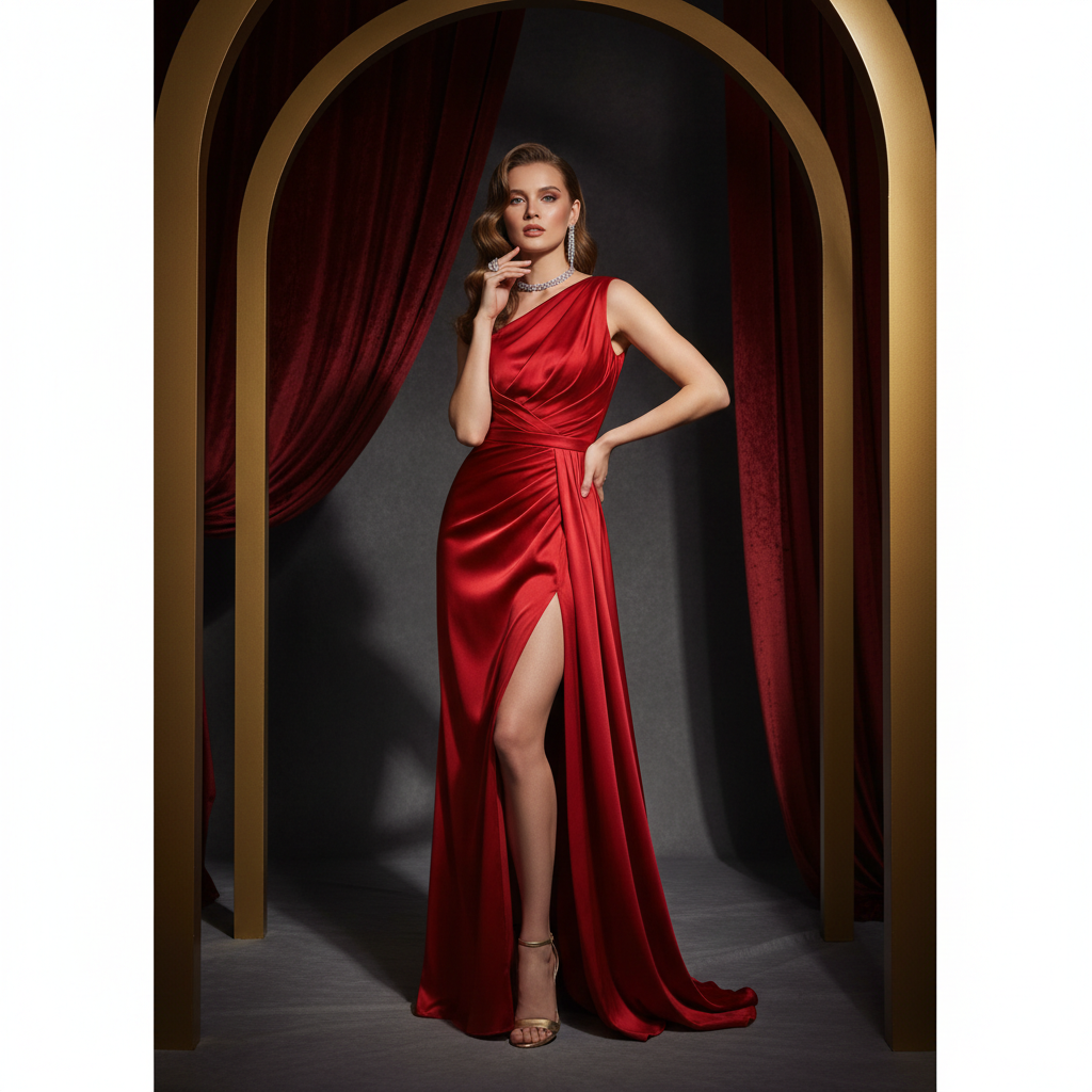 AI virtual try-on showing a woman wearing a sleek red evening gown in a luxury editorial studio setting
