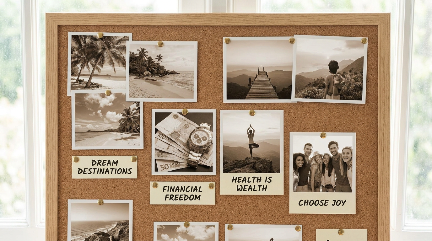 AI vision board generator result showing an aesthetic dream life vision board collage with framed photos of travel, money, fitness and happiness pinned on a corkboard