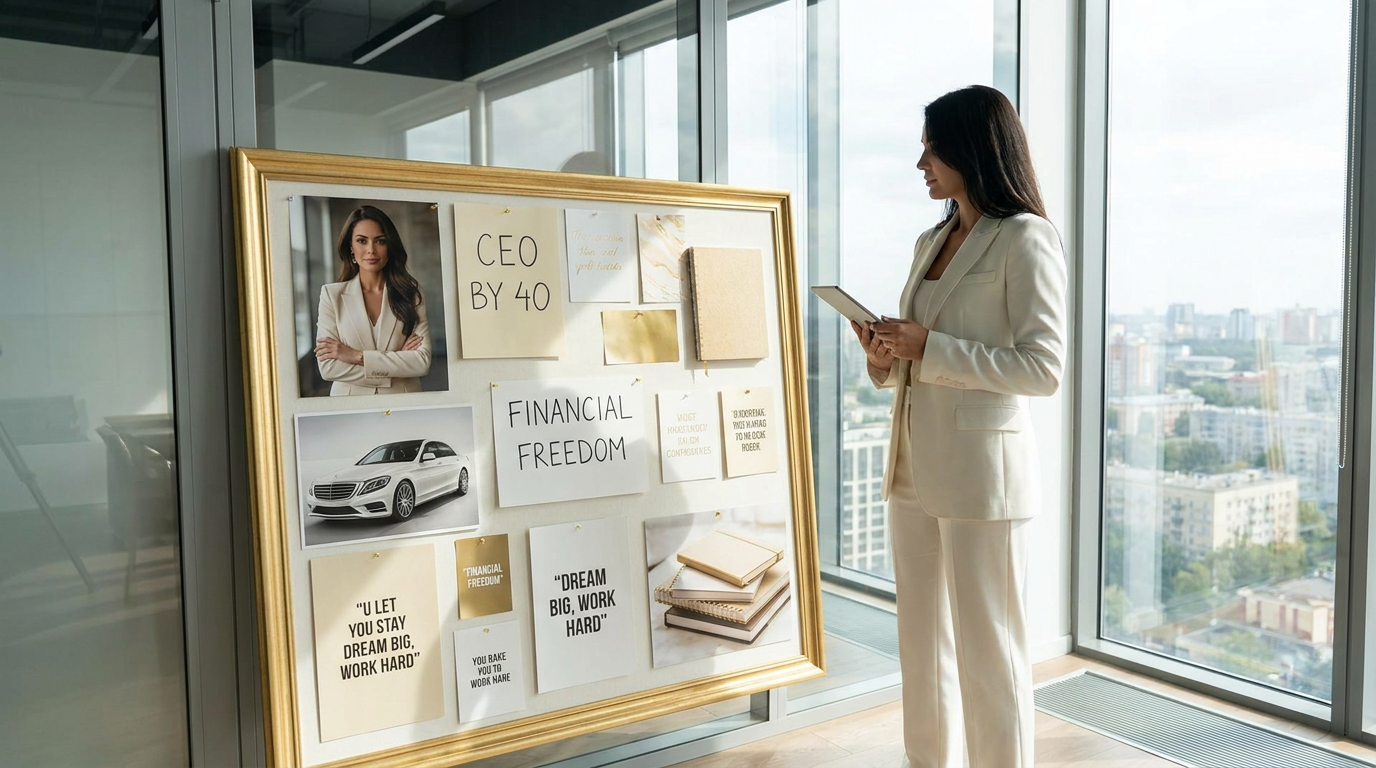 AI vision board generator result showing a career success moodboard with a modern office, luxury car, and goal cards in a gold and white aesthetic