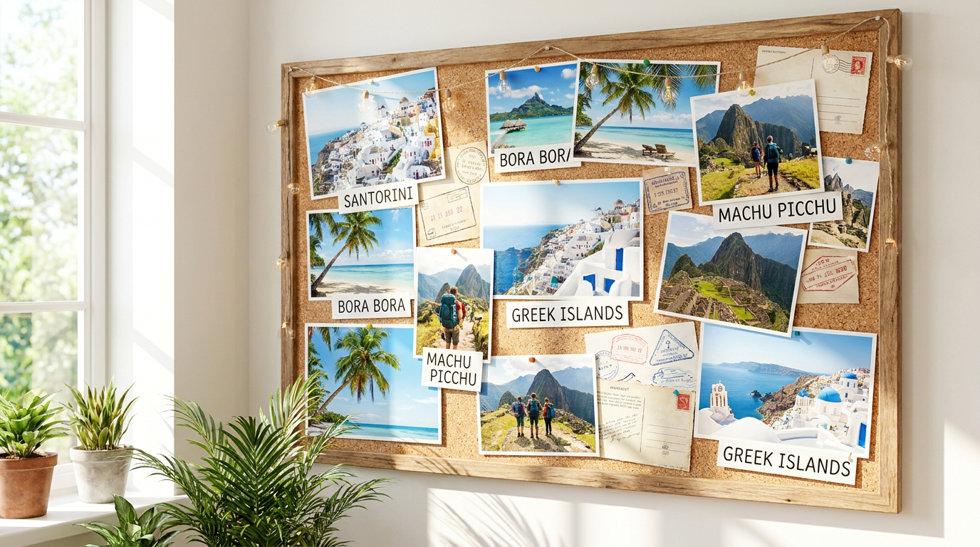 AI vision board generator result showing a travel and adventure vision board with Santorini, tropical beaches, and dream destination labels
