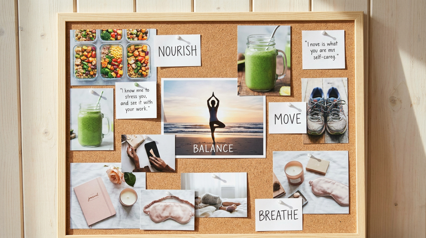 AI vision board generator result showing a health and wellness vision board with sunrise yoga, healthy meals, and self-care items in a fresh clean aesthetic