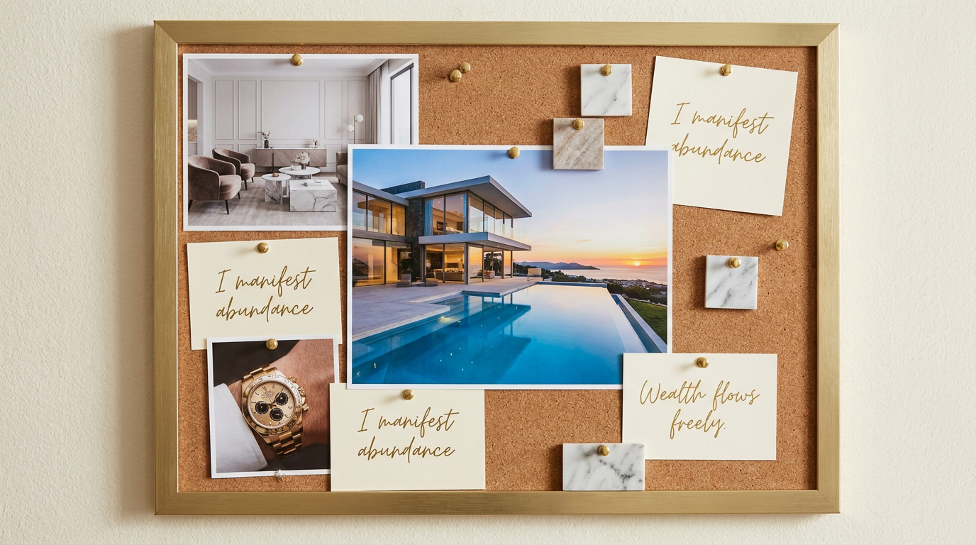 AI vision board generator result showing a luxury lifestyle dream home vision board with a modern mansion, infinity pool, and abundance affirmation cards