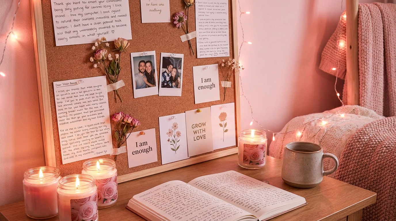 AI vision board generator result showing a love and self-growth vision board with journaling, candles, and affirmation cards in a warm cozy pink aesthetic