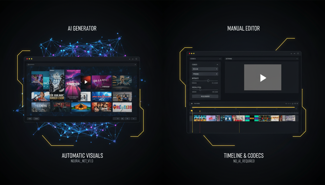 AI vs encoder-free video tools split-screen comparing automatic AI generation with a manual codec-based editor