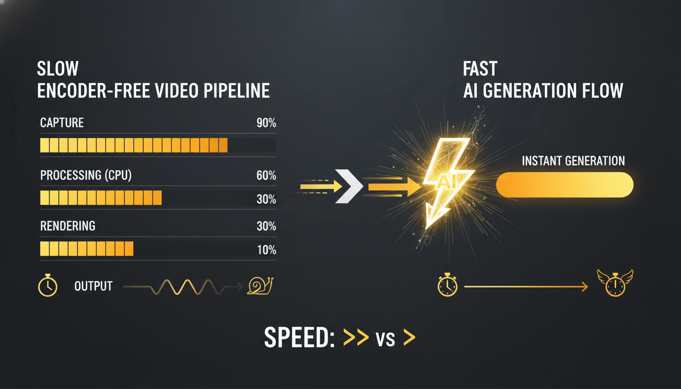 Speed comparison of a slow encoder-free video pipeline versus a fast AI generation flow with a lightning bolt