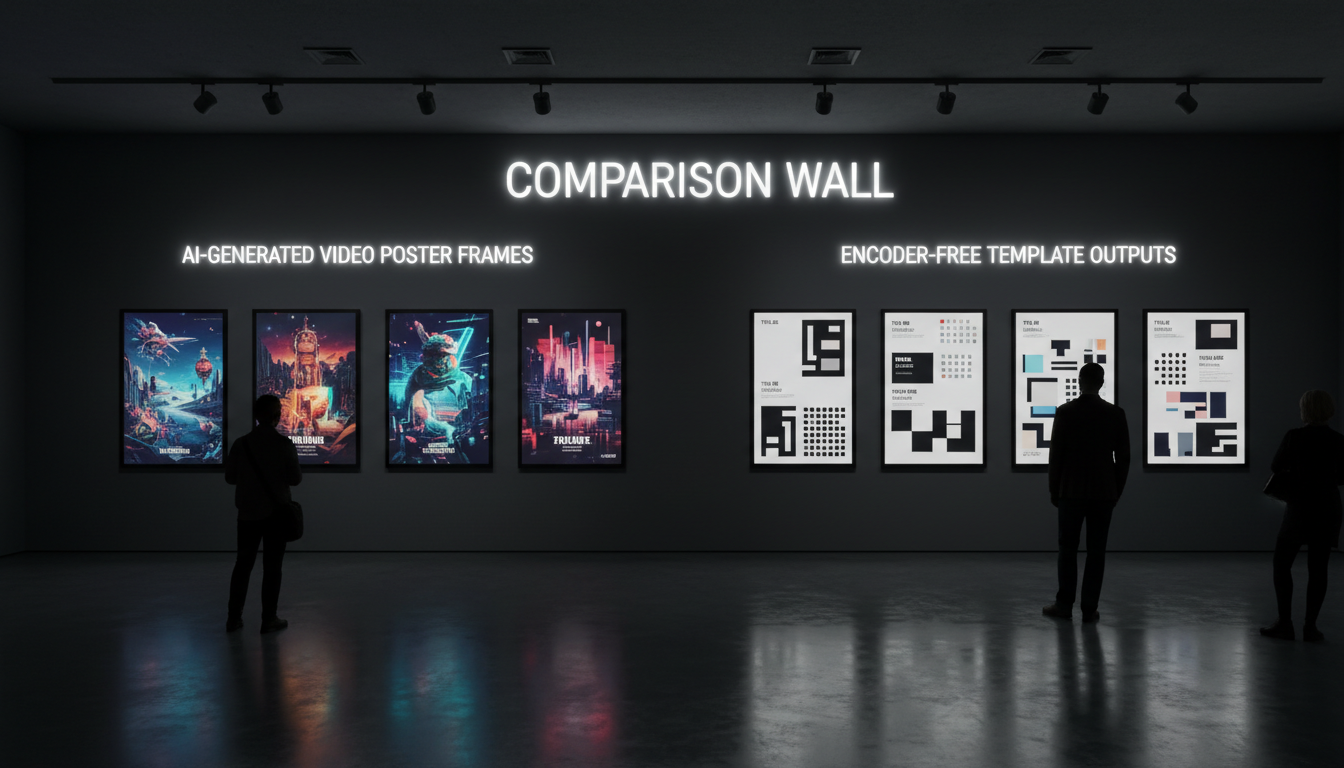 Gallery wall of AI-generated video poster frames next to encoder-free template outputs, labeled comparison