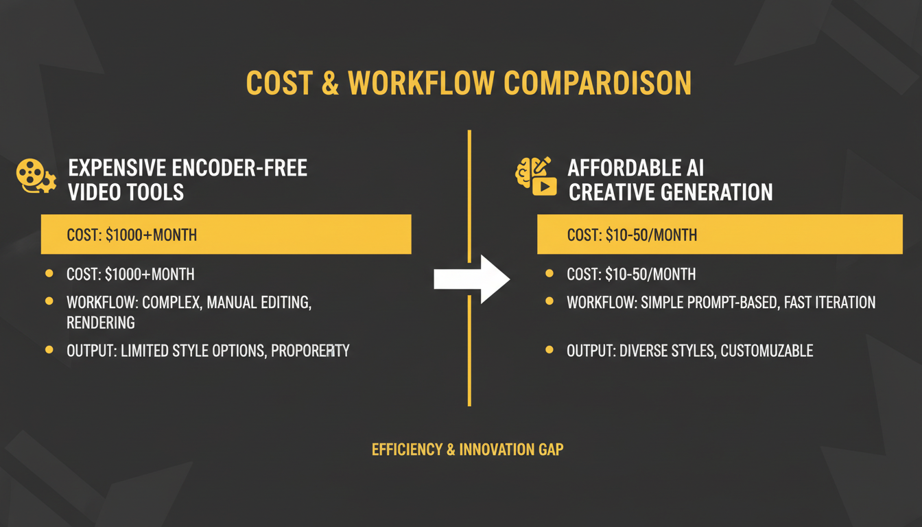 Cost and workflow comparison chart of expensive encoder-free video tools versus affordable AI generation