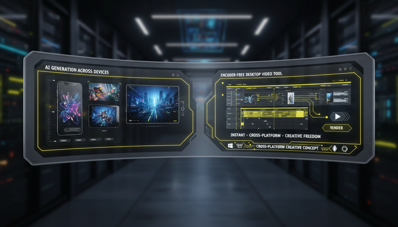 Cross-platform dashboard showing AI video and image generation versus an encoder-free desktop video tool