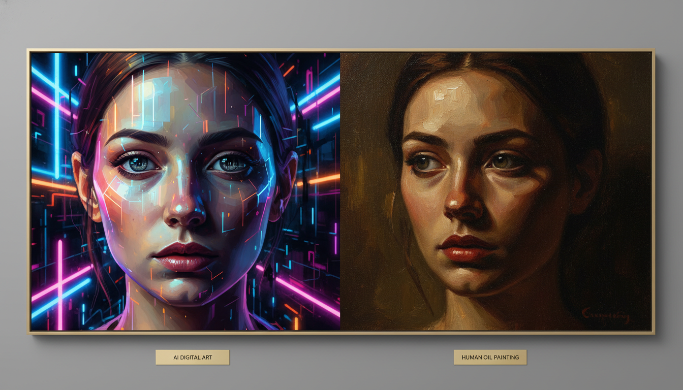 AI vs human artists — split-screen comparison showing AI-generated digital portrait on the left and traditional oil-painted human portrait on the right with visible brushstrokes and warm museum-quality tones