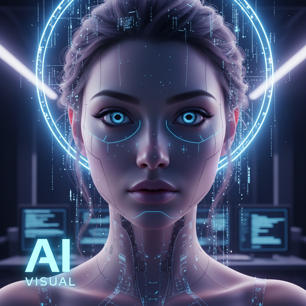 AI vs human artists — photorealistic AI-generated digital portrait of a creative woman with hyper-detailed lighting and ultra-sharp 4K texture, representing the AI side of the comparison
