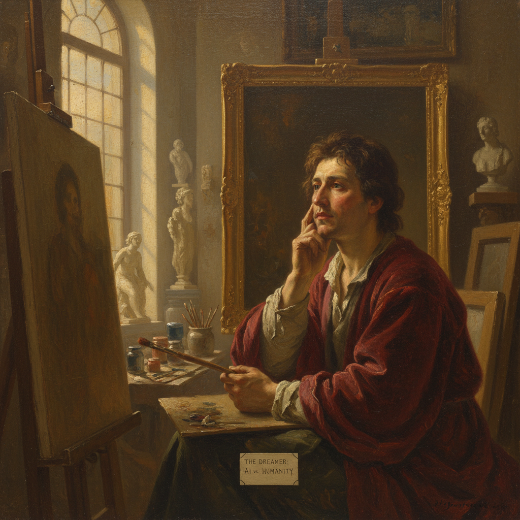 AI vs human artists — traditional oil painting of a thoughtful artist holding a paintbrush in 19th-century master style with visible textured brushstrokes and warm earthy palette, the human side of the comparison