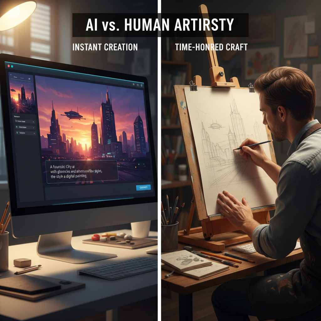 AI vs human artists — side-by-side process comparison showing an AI image generator interface with instant rendered result on the left and a traditional artist hand-sketching with pencil at a wooden easel on the right