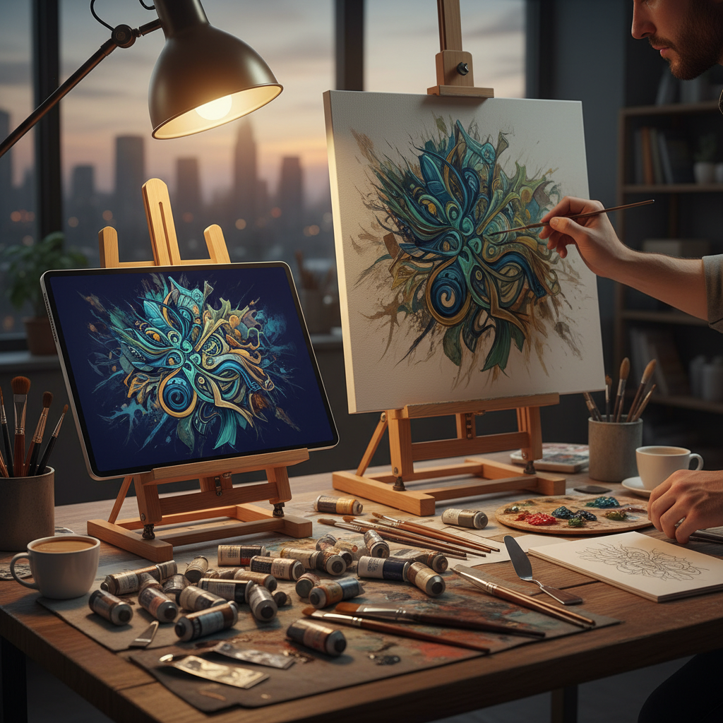 AI vs human artists — hybrid creative workspace with a digital tablet displaying an AI-generated reference image next to a human artist refining a hand-painted canvas, showing the modern collaborative workflow